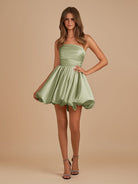 Jani | Sage - A Line Strapless Satin Bubble Hem Short Homecoming Dresses
