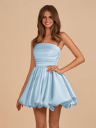 Jani | Sky Blue - A Line Strapless Satin Bubble Hem Short Homecoming Dresses - KissProm