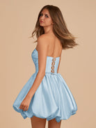 Jani | Sky Blue - A Line Strapless Satin Bubble Hem Short Homecoming Dresses - KissProm