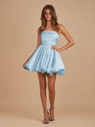 Jani | Sky Blue - A Line Strapless Satin Bubble Hem Short Homecoming Dresses - KissProm