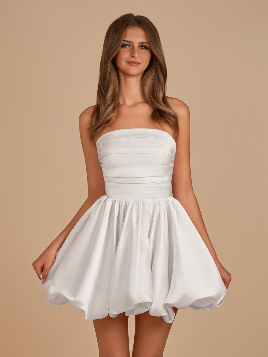 Jani | White - A Line Strapless Satin Bubble Hem Short Homecoming Dresses