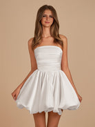 Jani | White - A Line Strapless Satin Bubble Hem Short Homecoming Dresses