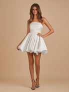 Jani | White - A Line Strapless Satin Bubble Hem Short Homecoming Dresses