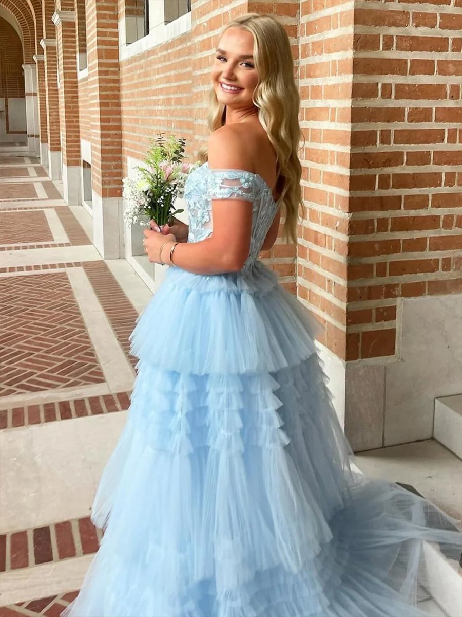 Jara | Light Blue Off the Shoulder Tulle Prom Dress With Appliques - KissProm
