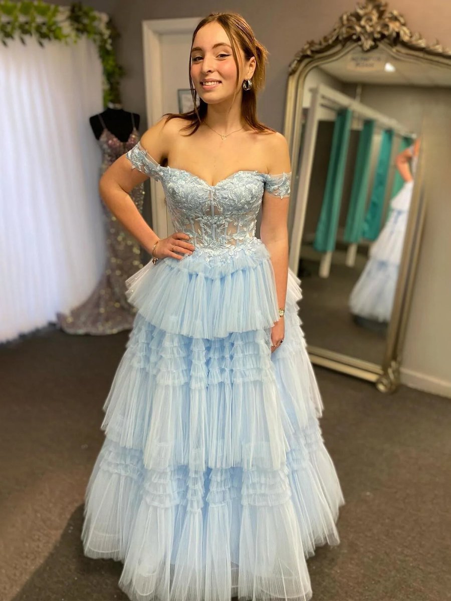 Jara | Light Blue Off the Shoulder Tulle Prom Dress With Appliques - KissProm