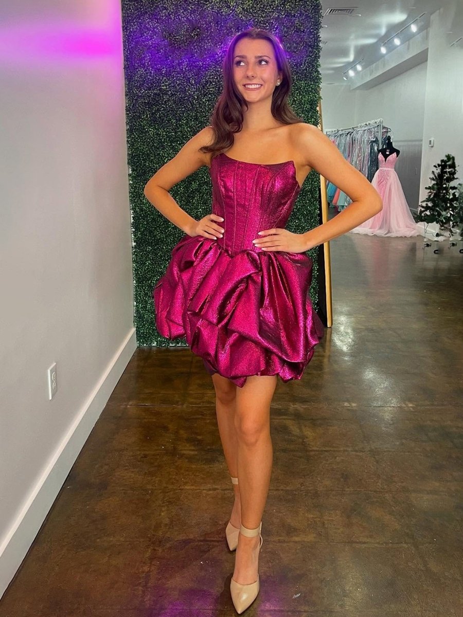Jasmira | Fuchsia - Strapless A Line Glitter Short Homecoming Dress With Ruffles