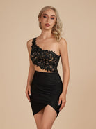Jaycee | Black - One Shoulder Bodycon Satin Short Homecoming Dresses With Appliques