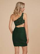 Jaycee | Dark Green - One Shoulder Bodycon Satin Short Homecoming Dresses With Appliques