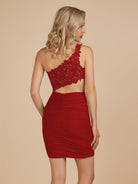 Jaycee | Burgundy - One Shoulder Bodycon Satin Short Homecoming Dresses With Appliques
