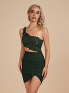 Jaycee | Dark Green - One Shoulder Bodycon Satin Short Homecoming Dresses With Appliques