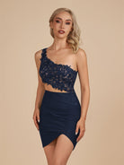 Jaycee | Navy Blue - One Shoulder Bodycon Satin Short Homecoming Dresses With Appliques - KissProm