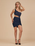 Jaycee | Navy Blue - One Shoulder Bodycon Satin Short Homecoming Dresses With Appliques - KissProm