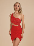 Jaycee | Red - One Shoulder Bodycon Satin Short Homecoming Dresses With Appliques - KissProm