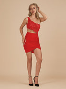 Jaycee | Red - One Shoulder Bodycon Satin Short Homecoming Dresses With Appliques - KissProm