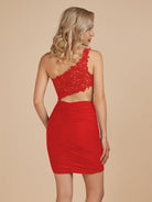 Jaycee | Red - One Shoulder Bodycon Satin Short Homecoming Dresses With Appliques - KissProm