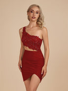 Jaycee | Burgundy - One Shoulder Bodycon Satin Short Homecoming Dresses With Appliques