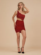 Jaycee | Burgundy - One Shoulder Bodycon Satin Short Homecoming Dresses With Appliques
