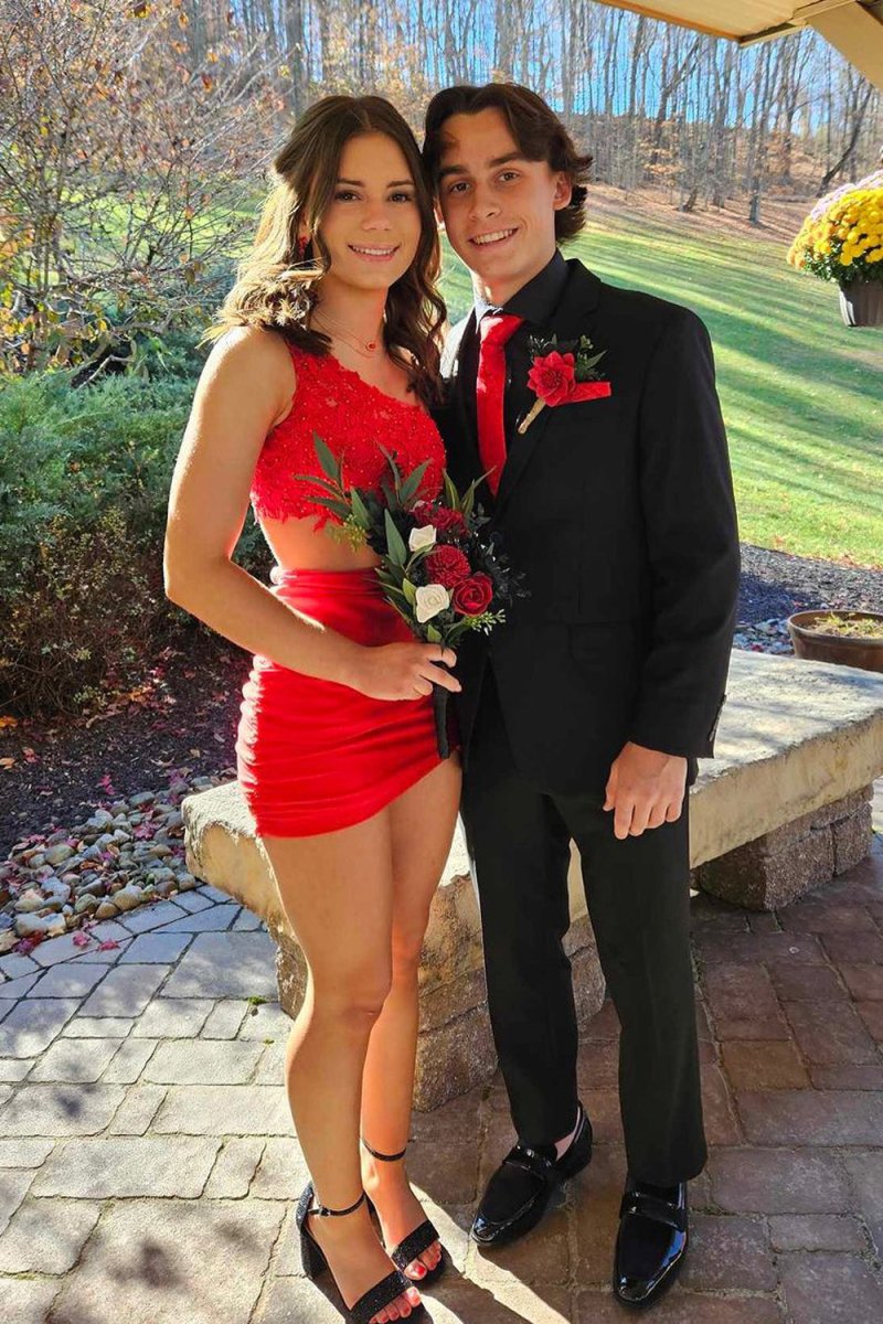 Jaycee | Red - One Shoulder Bodycon Satin Short Homecoming Dresses With Appliques