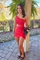 Jaycee | Red - One Shoulder Bodycon Satin Short Homecoming Dresses With Appliques