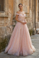 Sparkly Blush Pink Off - the - Shoulder Surplice Long Prom Dress - KissProm