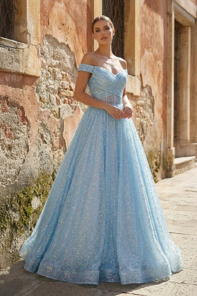 Sparkly Blush Pink Off - the - Shoulder Surplice Long Prom Dress - KissProm