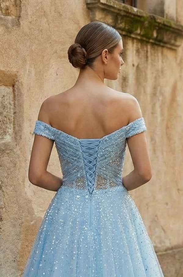 Sparkly Sky Blue Off - the - Shoulder Surplice Long Prom Dress - KissProm