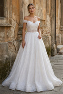 Sparkly White Off - the - Shoulder Surplice Long Prom Dress - KissProm