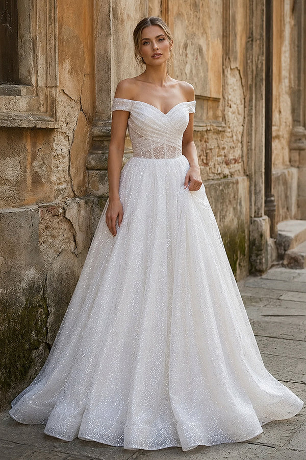 Sparkly White Off - the - Shoulder Surplice Long Prom Dress - KissProm