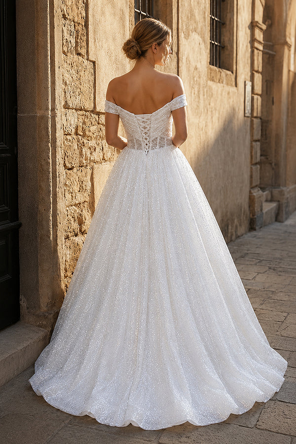 Sparkly White Off - the - Shoulder Surplice Long Prom Dress - KissProm