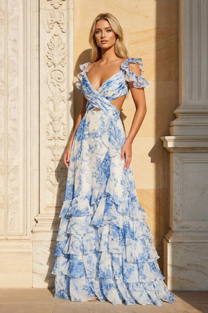 V Neck A - line Floral Printed Chiffon Slit Prom Dress - KissProm