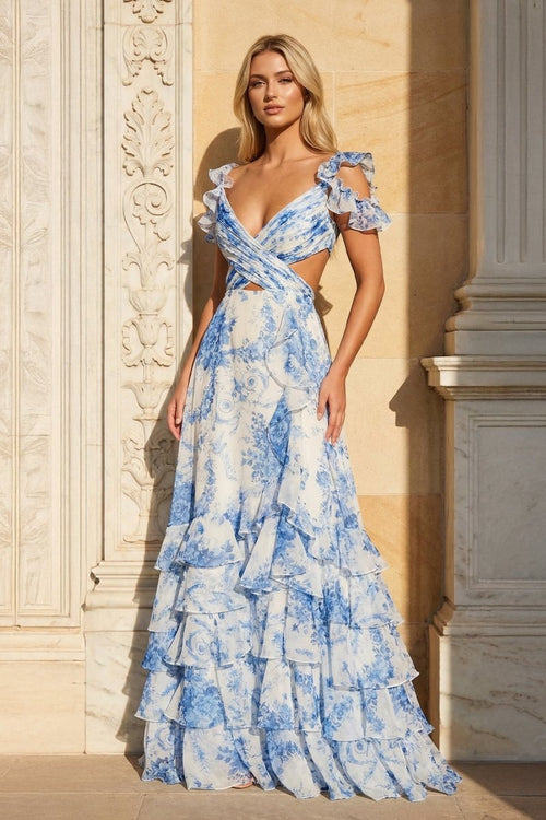 KissProm V Neck A-line Floral Printed Chiffon Slit Prom Dress, Blue / 0