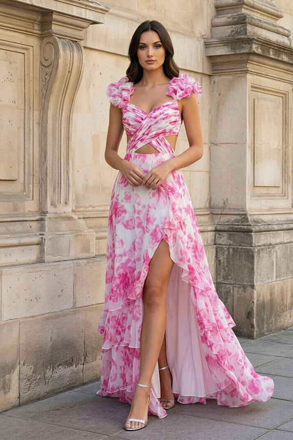 V Neck A - line Floral Printed Chiffon Slit Prom Dress - KissProm
