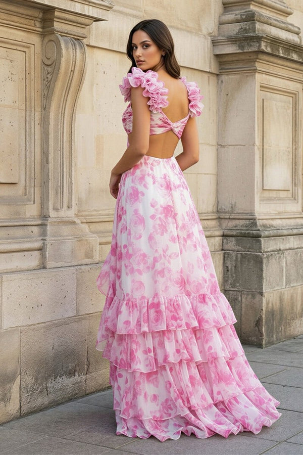 V Neck A - line Floral Printed Chiffon Slit Prom Dress - KissProm