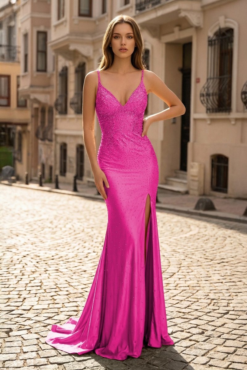 KissProm Sexy Mermaid Spaghetti Straps Satin Slit Prom Dress with Hot Stone, Fuchsia / 14