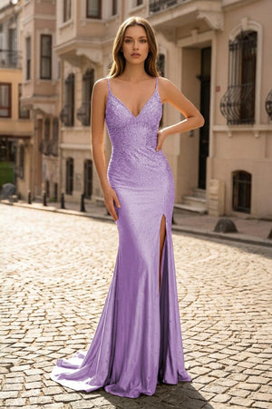 Sexy Mermaid Spaghetti Straps Satin Slit Prom Dress with Hot Stone - KissProm