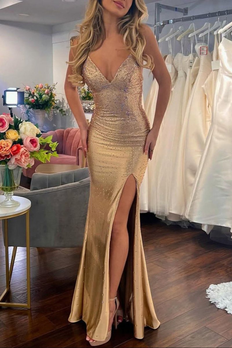 Jean | Sexy Mermaid V Neck Satin Slit Prom Dress with Hot Stone