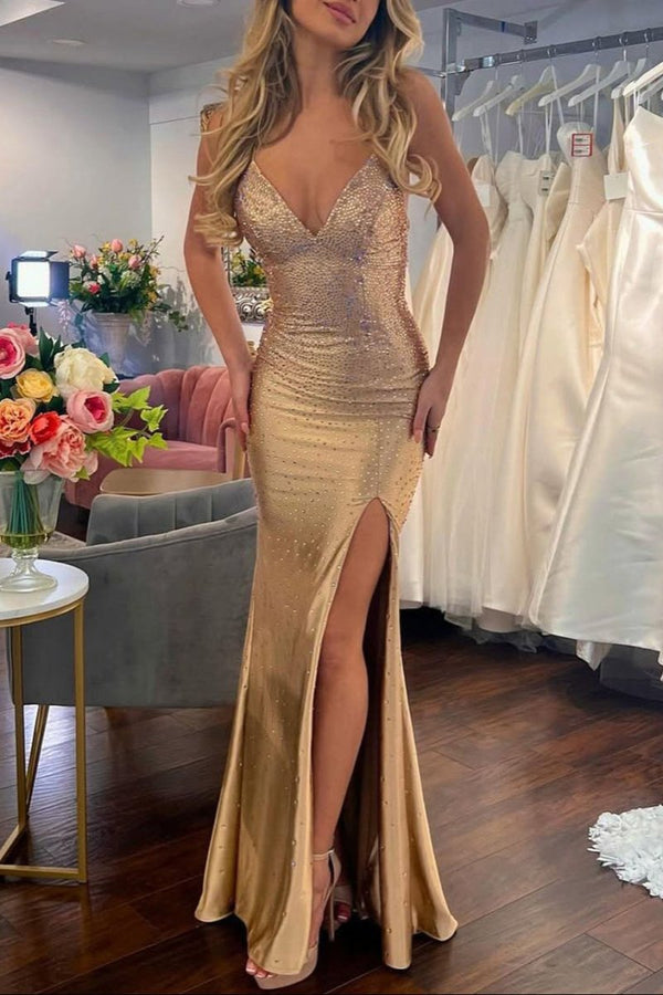 Jean | Sexy Mermaid V Neck Satin Slit Prom Dress with Hot Stone