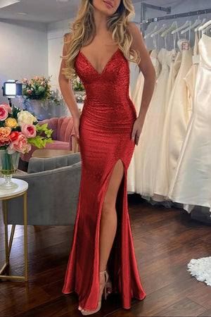 Jean | Sexy Mermaid V Neck Satin Slit Prom Dress with Hot Stone