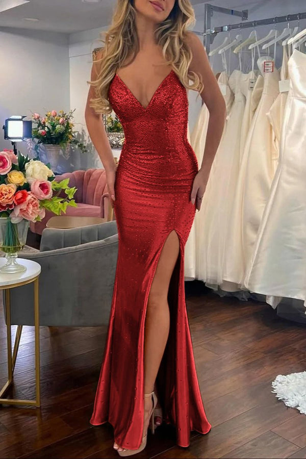 Jean | Sexy Mermaid V Neck Satin Slit Prom Dress with Hot Stone