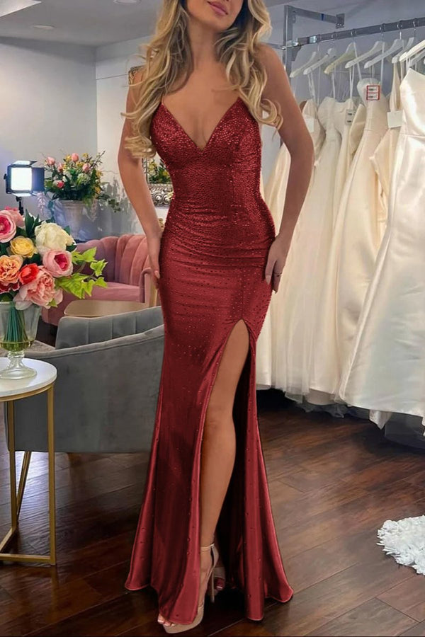 Sexy Mermaid Spaghetti Straps Satin Slit Prom Dress with Hot Stone