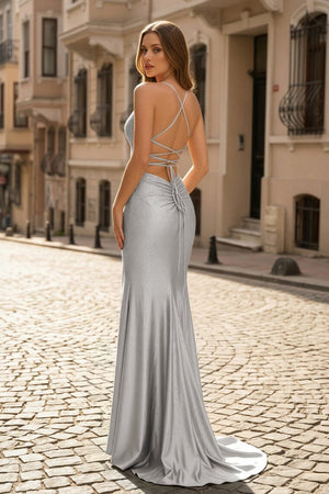 Sexy Mermaid Spaghetti Straps Satin Slit Prom Dress with Hot Stone - KissProm
