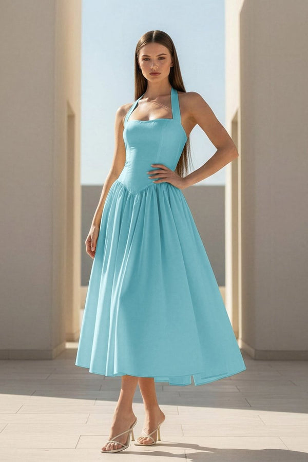 Jehona | Yellow - Halter A Line Satin Pleated Tea Length Formal Prom Dresses - KissProm