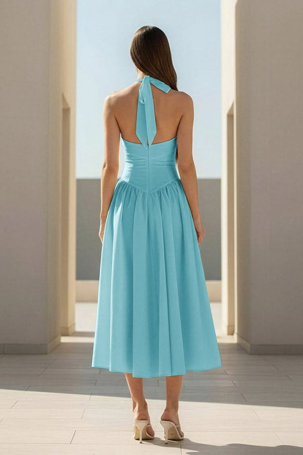 Yellow Halter A Line Satin Pleated Tea Length Formal Prom Dresses Yellow / 4 Yellow Halter A Line Satin Pleated Tea Length Formal Prom Dresses Yellow / 4