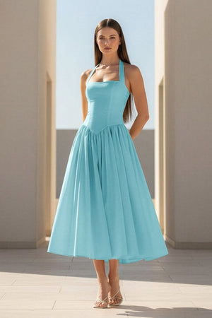 Jehona | Yellow - Halter A Line Satin Pleated Tea Length Formal Prom Dresses - KissProm