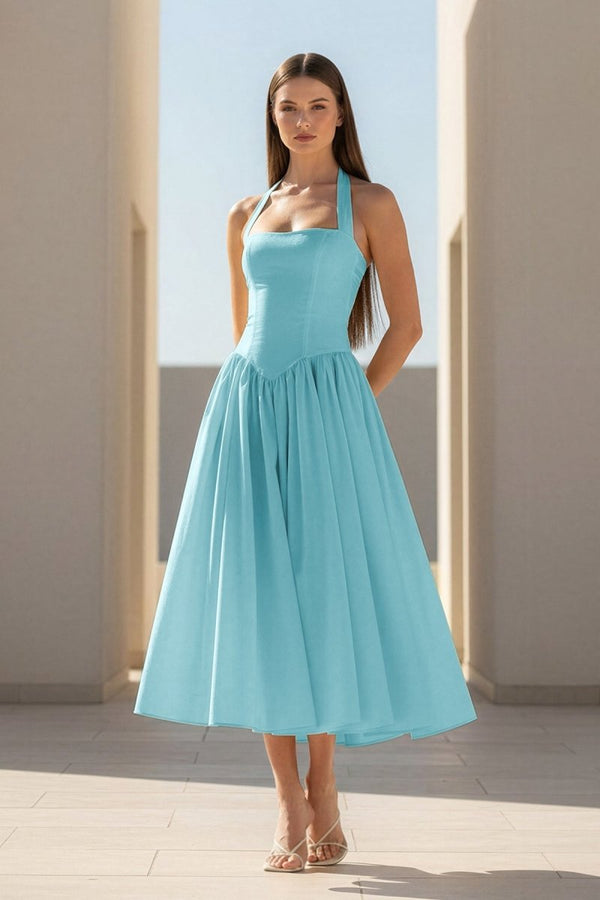 Jehona | Yellow - Halter A Line Satin Pleated Tea Length Formal Prom Dresses - KissProm