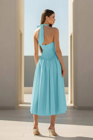Jehona | Yellow - Halter A Line Satin Pleated Tea Length Formal Prom Dresses - KissProm