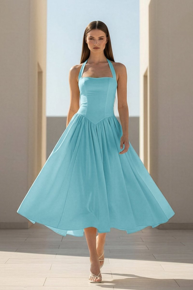 Jehona | Yellow - Halter A Line Satin Pleated Tea Length Formal Prom Dresses - KissProm