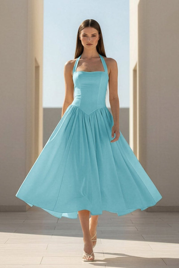 Jehona | Yellow - Halter A Line Satin Pleated Tea Length Formal Prom Dresses - KissProm
