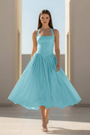 Jehona | Yellow - Halter A Line Satin Pleated Tea Length Formal Prom Dresses - KissProm