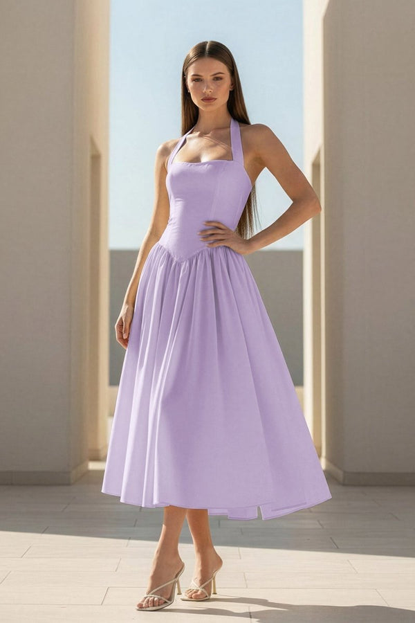 Jehona | Yellow - Halter A Line Satin Pleated Tea Length Formal Prom Dresses - KissProm